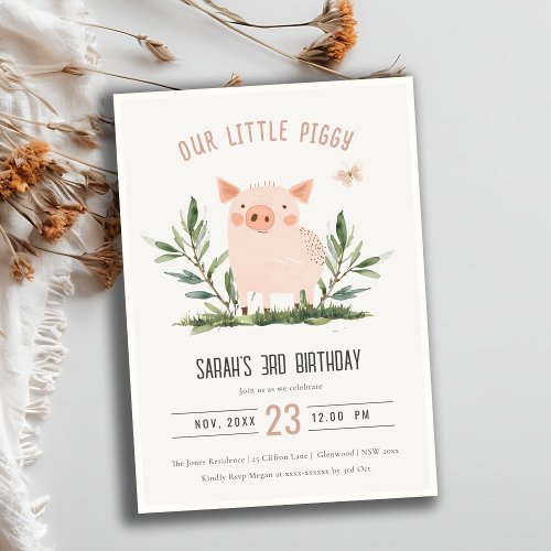 Cute Little Piggy Foliage Butterfly Kids Birthday Invitation
