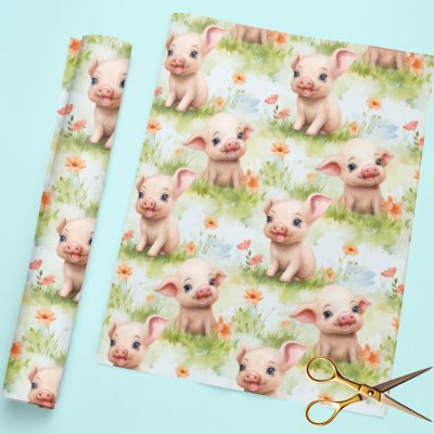 Cute Little Piggy Grass Flower Watercolor Pattern Wrapping Paper