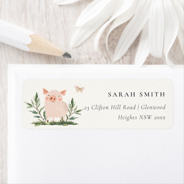Cute Little Piggy Kids Farm Pig Watercolor Address Label (Insitu)
