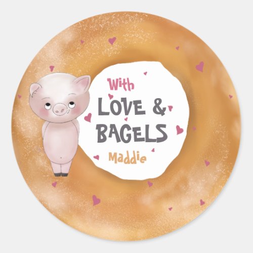 Cute Little Piggy With Love  Bagels  White  Classic Round Sticker