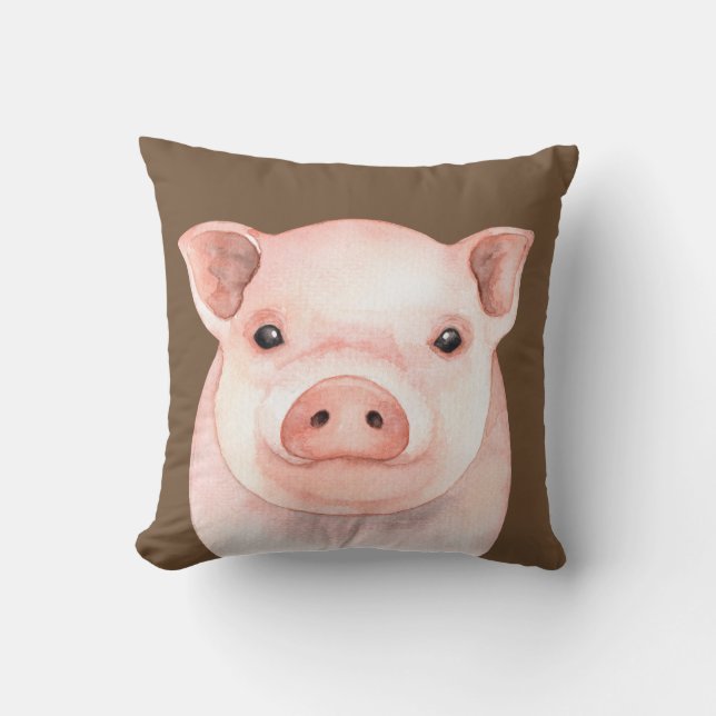 Cute Little Piglet Pink Pig Watercolor Farm Throw Pillow (Front)