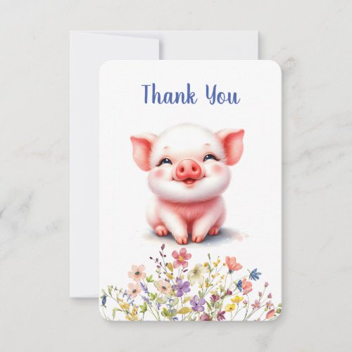 Cute Little Piglet Wildflowers Flat Thank You Card