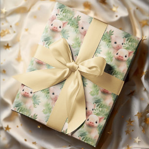 Cute Little Piglets Watercolor Botanicals Pattern Wrapping Paper