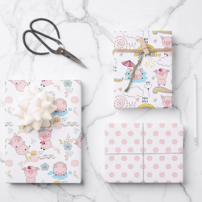 Cute Little Pigs Wrapping Paper Sheets (Front)