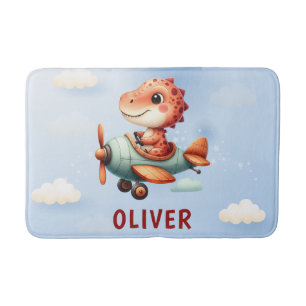 Cute Little Pilot Dinosaur Flying Airplane Bath Mat