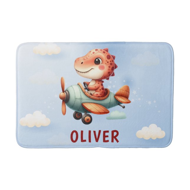 Cute Little Pilot Dinosaur Flying Airplane Bath Mat (Front)