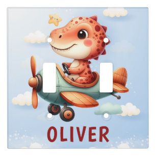 Cute Little Pilot Dinosaur Flying Airplane Light Switch Cover