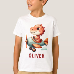 Cute Little Pilot Dinosaur Flying Airplane T-Shirt