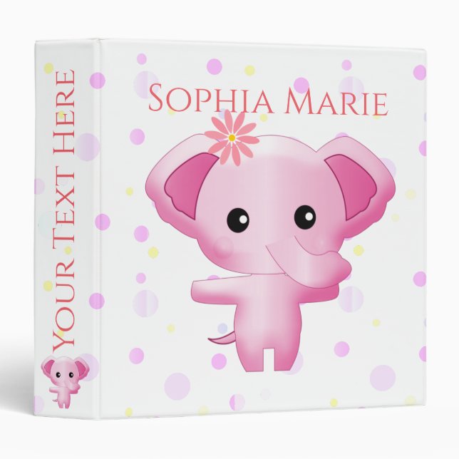 Cute Little Pink Baby Girl Elephant 3 Ring Binder (Front/Spine)