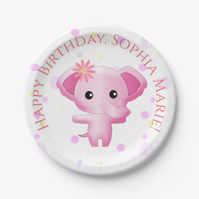 Cute Little Pink Baby Girl Elephant Paper Plates (Front)