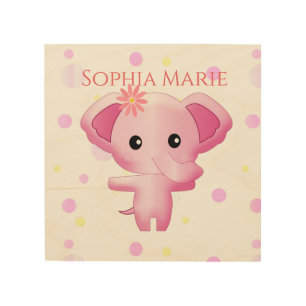 Cute Little Pink Baby Girl Elephant Wood Wall Art