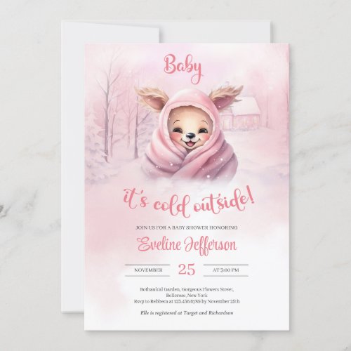 Cute little pink baby reindeer in pink winter invitation