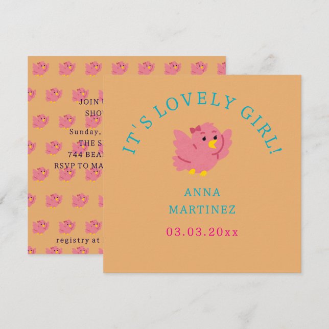 Cute Little Pink Bird Theme Girl Baby Shower Invitation (Front/Back)