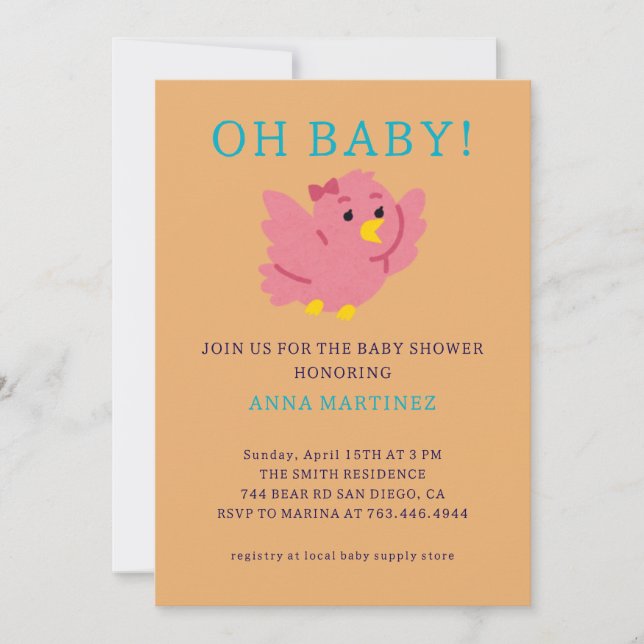 Cute Little Pink Bird Theme Girl Baby Shower  Invitation (Front)