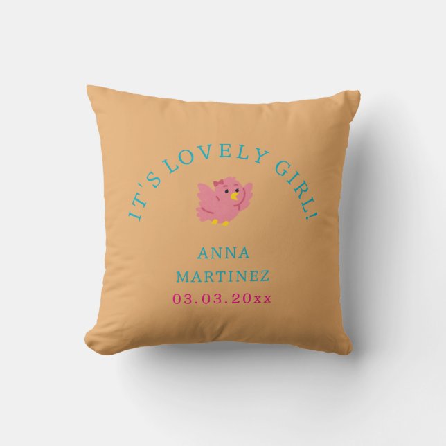Cute Little Pink Bird Theme Girl Baby Shower Throw Pillow (Front)