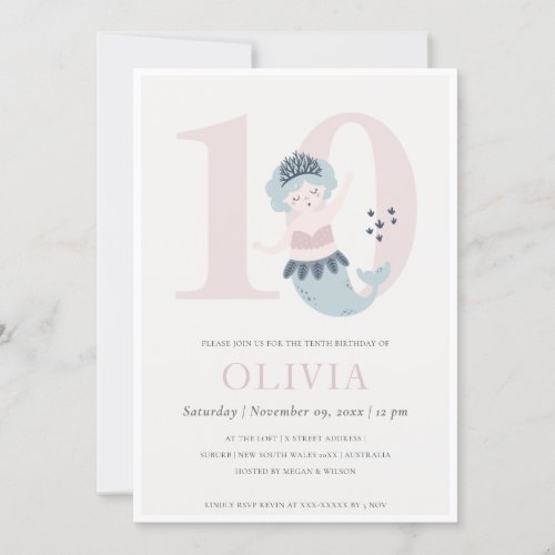 Cute Little Pink Blue Mermaid 10th Birthday Invite