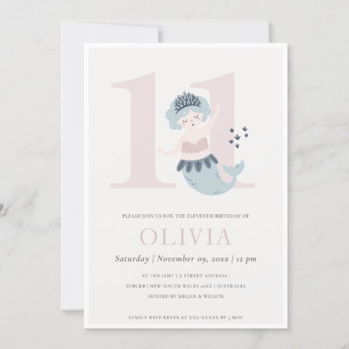 Cute Little Pink Blue Mermaid 11th Birthday Invite