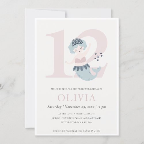 Cute Little Pink Blue Mermaid 12th Birthday Invite