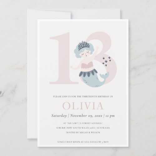 Cute Little Pink Blue Mermaid 13th Birthday Invite