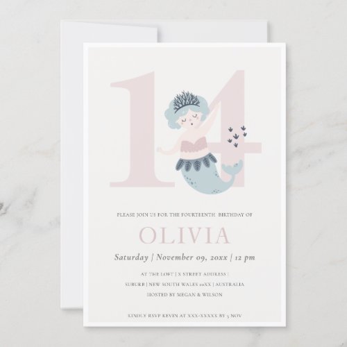 Cute Little Pink Blue Mermaid 14th Birthday Invite