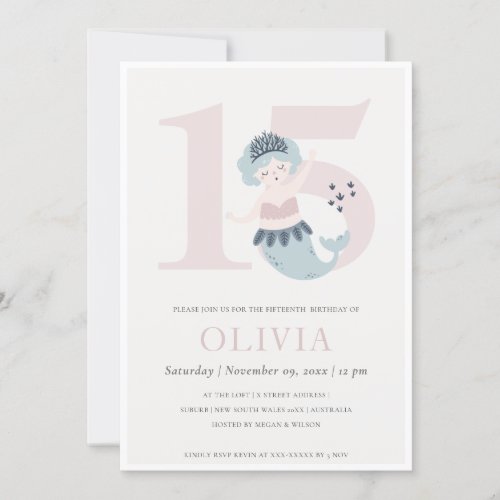 Cute Little Pink Blue Mermaid 15th Birthday Invite
