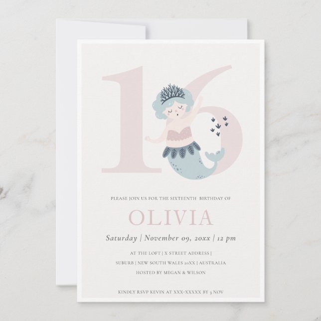 Cute Little Pink Blue Mermaid 16th Birthday Invite (Front)
