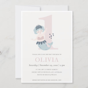Cute Little Pink Blue Mermaid 1st Birthday Invite