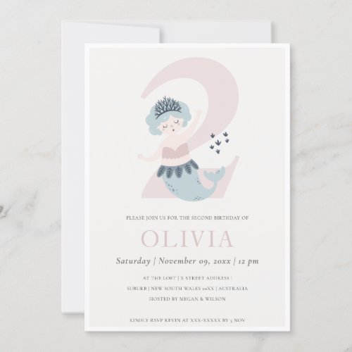 Cute Little Pink Blue Mermaid 2nd Birthday Invite
