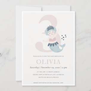 Cute Little Pink Blue Mermaid 3rd Birthday Invite