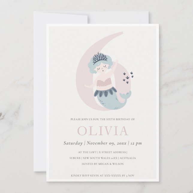 Cute Little Pink Blue Mermaid 6th Birthday Invite (Front)