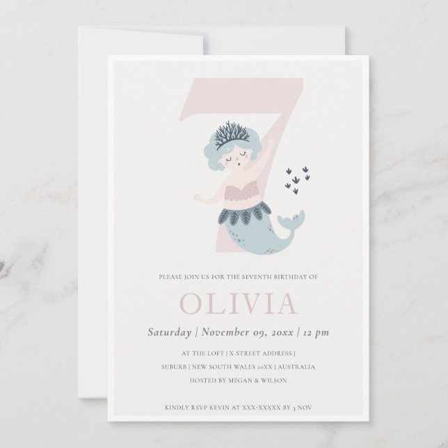 Cute Little Pink Blue Mermaid 7th Birthday Invite (Front)