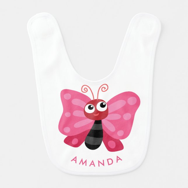 Cute Little Pink Butterfly Personalized Baby Bib (Front)