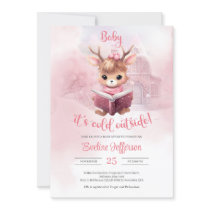Cute little pink deer reading a book winter forest invitation