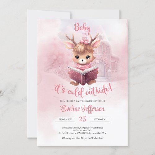 Cute little pink deer reading a book winter forest invitation