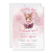 Cute little pink deer reading a book winter forest invitation