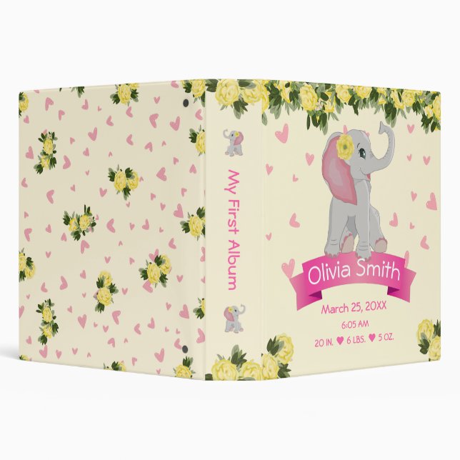 Cute Little Pink Elephant with yellow roses 3 Ring Binder (Background)