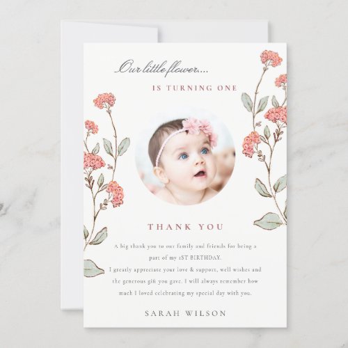 Cute Little Pink Flower Photo Baby Girl Birthday Thank You Card