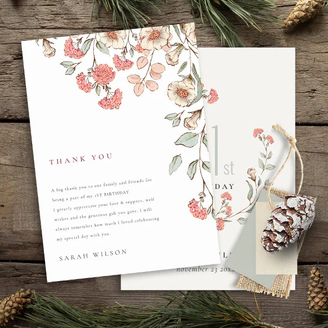 Cute Little Pink Flower Wreath Baby Girl Birthday Thank You Card | Zazzle