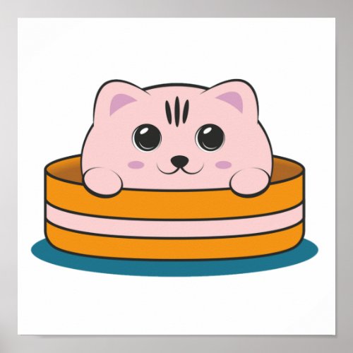 CUTE LITTLE PINK KITTEN IN A BROWN BOWL POSTER