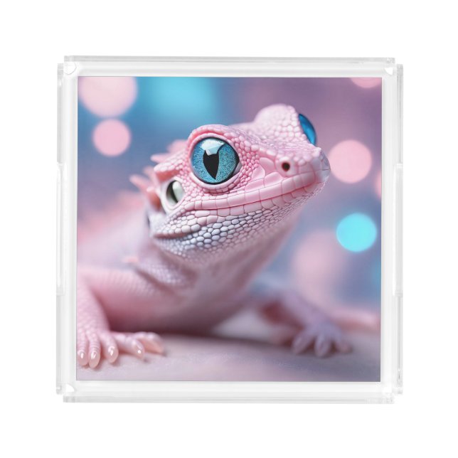 Cute Little Pink Lizard with Big Blue Eyes Acrylic Tray (Front)