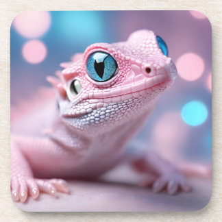 Cute Little Pink Lizard with Big Blue Eyes Beverage Coaster
