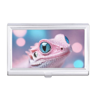 Cute Little Pink Lizard with Big Blue Eyes Business Card Case
