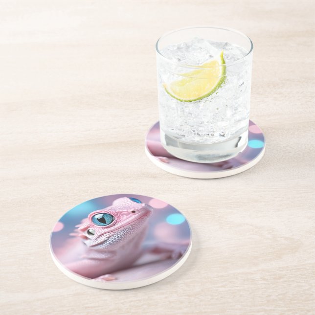 Cute Little Pink Lizard with Big Blue Eyes Coaster (Side)