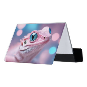Cute Little Pink Lizard with Big Blue Eyes Desk Business Card Holder