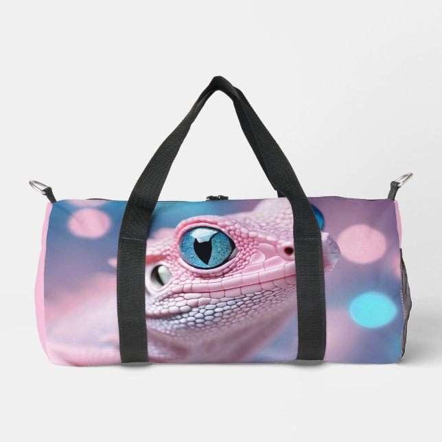 Cute Little Pink Lizard with Big Blue Eyes Duffle Bag (Front)