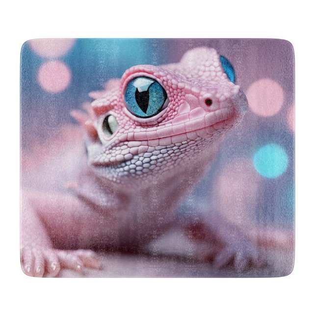 Cute Little Pink Lizard with Big Blue Eyes Glass Cutting Board (Front)