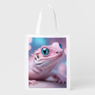 Cute Little Pink Lizard with Big Blue Eyes Grocery Bag