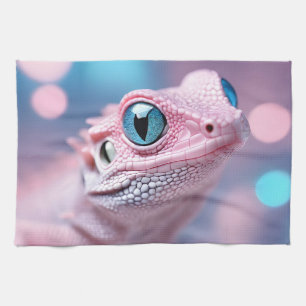 Cute Little Pink Lizard with Big Blue Eyes Kitchen Towel