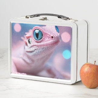 Cute Little Pink Lizard with Big Blue Eyes Metal Lunch Box