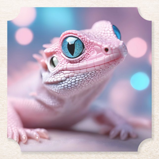 Cute Little Pink Lizard with Big Blue Eyes Paper Coaster (Front)